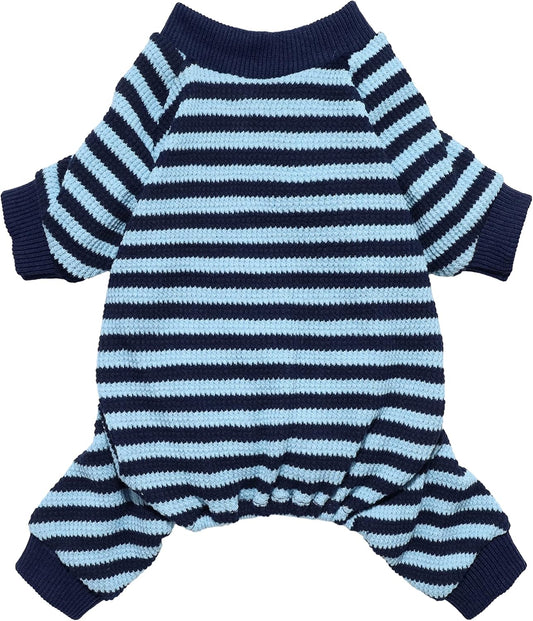 Fitwarm Blue and White Striped Dog Pajamas, Waffle Dog Clothes for Small Dogs Girl Boy, Puppy Onesie with Feet, Pet Cat Outfit, Medium