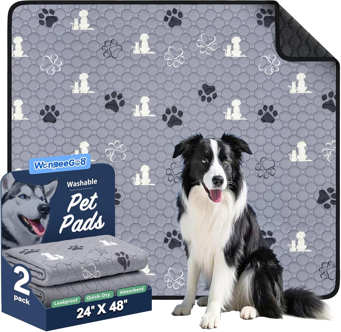 Washable Pee Pads, Puppy Pee Pad for Dogs, 2 Pack Absorbent Reusable Training Dog Pads Pet Puppy Pads, Non-Slip Potty Pads for Whelping, Playpen, Crate, Bed, Grey 24"x48"