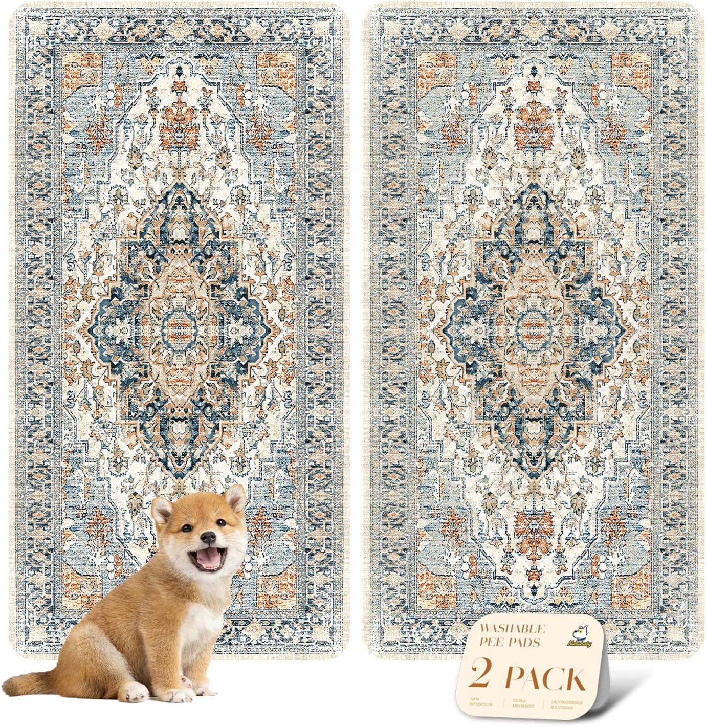 nunubaby Washable Pee Pads for Dogs, Stylish, Non-Slip and Leak-Proof Pee Pads. Reusable Potty Pads for Dogs for Crates and Floors.(Beige/Multi, 24" x48" )