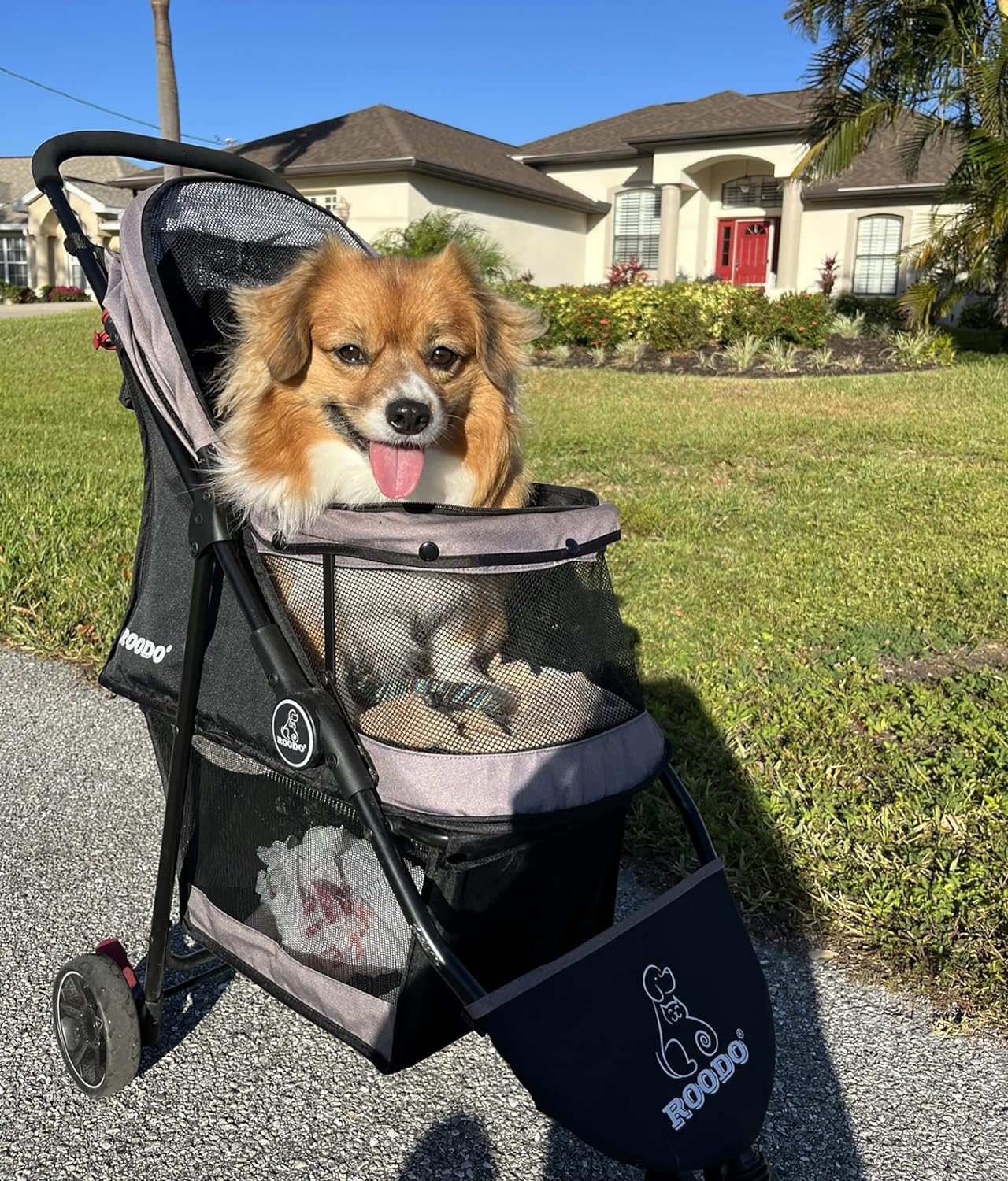 ROODO Escort 3 Wheel Dog Cat Pet Stroller for Small/Medium Dogs Cats Best Lightweight Foldable Portable Compact Jogger All Terrain Travel Pet Gear System Puppy Doggie Bunny Kitty Stroller(Grey)