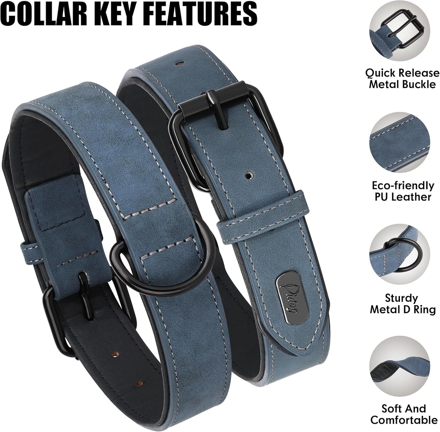 Didog Soft Padded PU Leather Dog Collar, Breathable and Adjustable Dog Collars for Small Dogs, Comfortable for Daily Walk, Blue, M Fit Neck 12-15"(13-22 lbs)