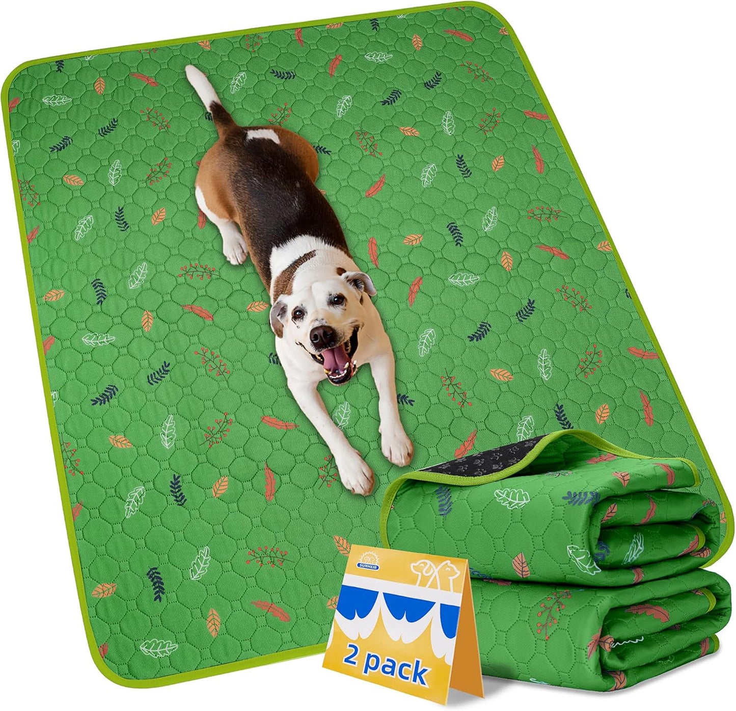 Sunheir Washable Pee Pads for Dogs 2-Pack Reusable Puppy Pads Pet Training Pads, Waterproof Dog Pee Pads for Crate, Whelping Pad, Non-Slip Protects Against Urine Leakage (Leaves - Green, 24x36)