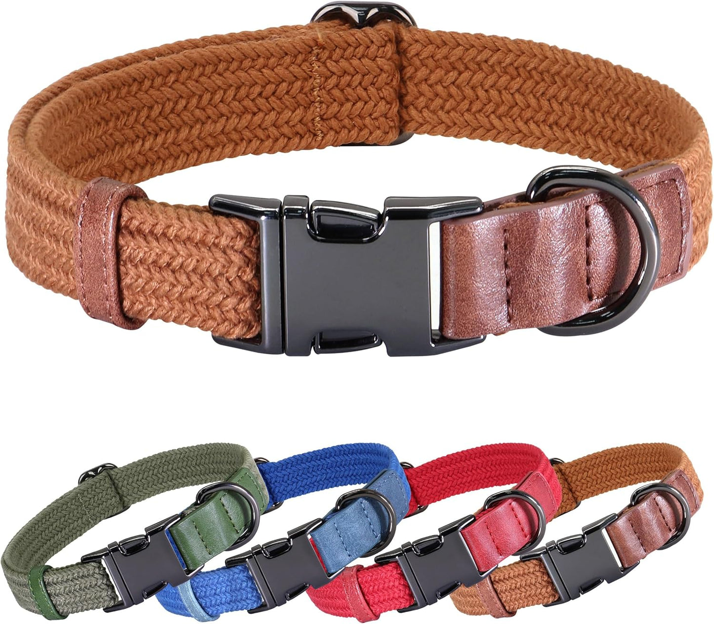PET ARTIST Soft Cotton Dog Collar for Medium Dogs in Rustic Brown, Simple Dog Collar with Quick Release Metal Buckle & D Ring, M Size (13-21")