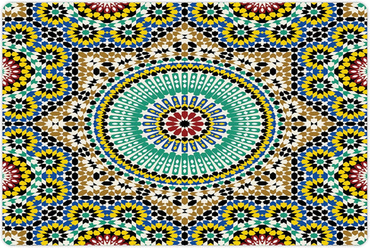 Lunarable Moroccan Pet Mat for Food and Water, Architectural Glaze Wall Tile Ceramic Historical Traveling Destinations, Non-Slip Rubber Mat for Dogs and Cats, 18" X 12", Khaki Blue