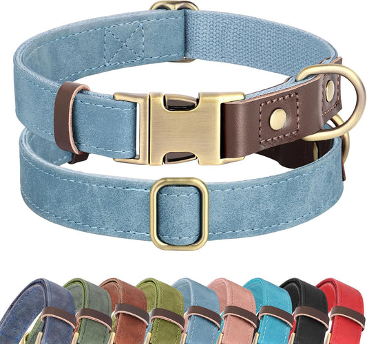 Didog Soft PU Leather Dog Collar for Large Dogs,Classic Adjustable Dog Collars with Quick Release Metal Buckle,Easy Clean and Comfortable with Nylon Lining,Denim Blue,L Neck 15-23"
