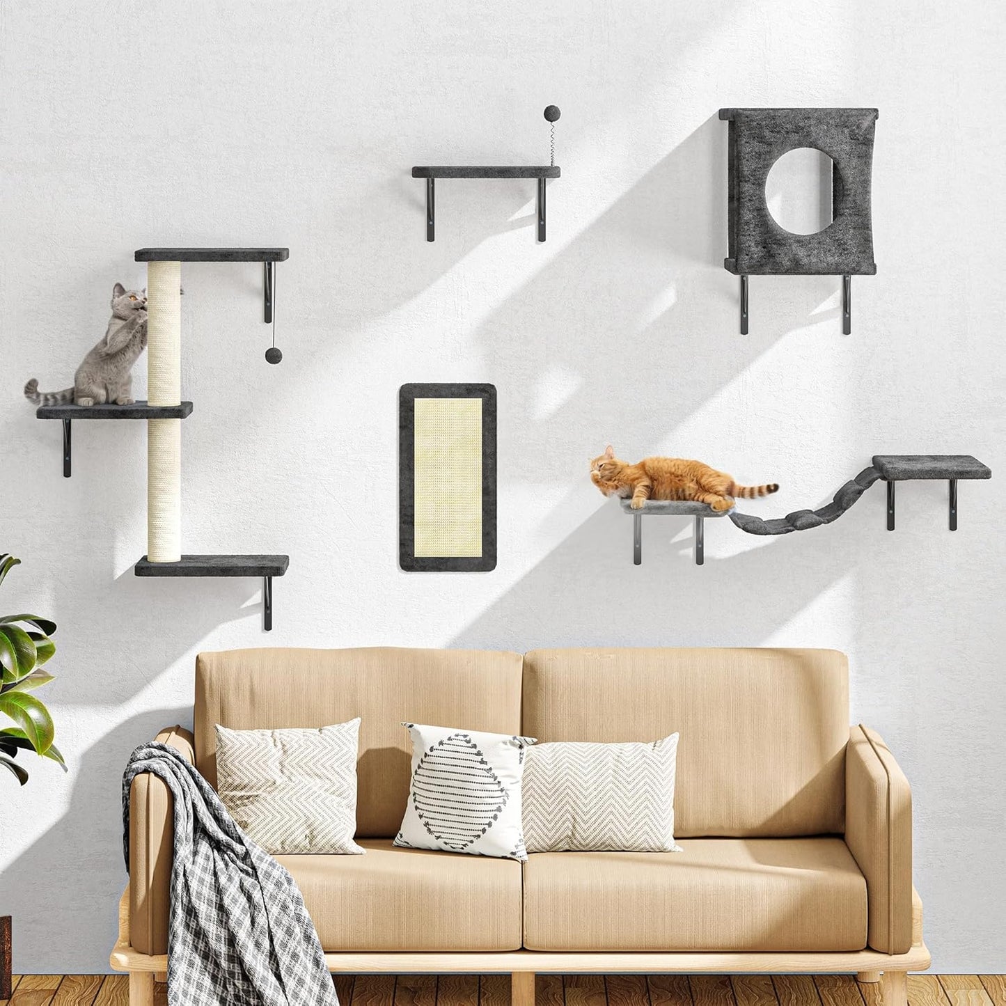 NUNU LAB Wall Mounted Cat Furniture, 5 Pcs Cat Wall Shelves with House, Bridge, Steps, Scratching Post, Shelves, Indoor Safe & Stable Furniture for Kittens Play, Gray