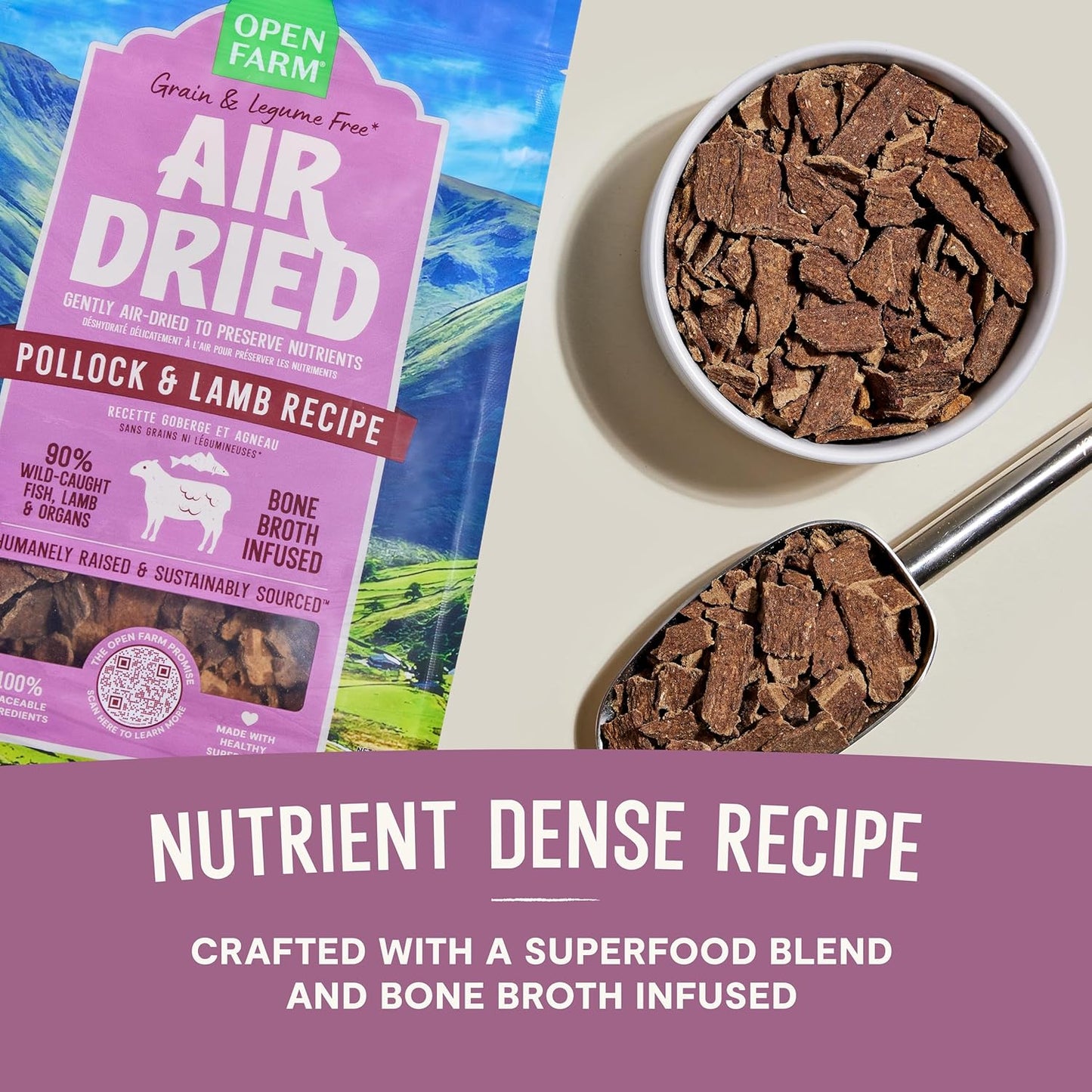 Open Farm, Air Dried Dog Food Infused with Bone Broth, Grain & Legume Free, Complete Meal or Food Topper, Pollock & Lamb Recipe, 1lb Bag